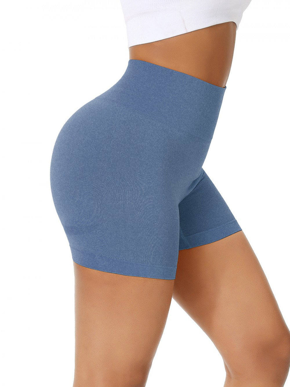 Blue Slim Sports Shorts Thigh Length Solid Color Workout Apparel