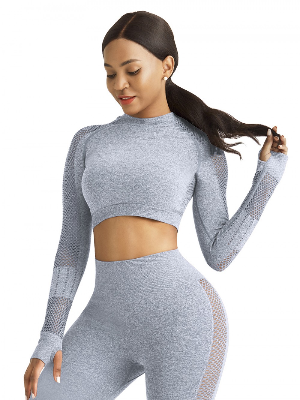 Flawlessly Light Blue Long Sleeve Crew Neck Sport Crop Top Lightweight