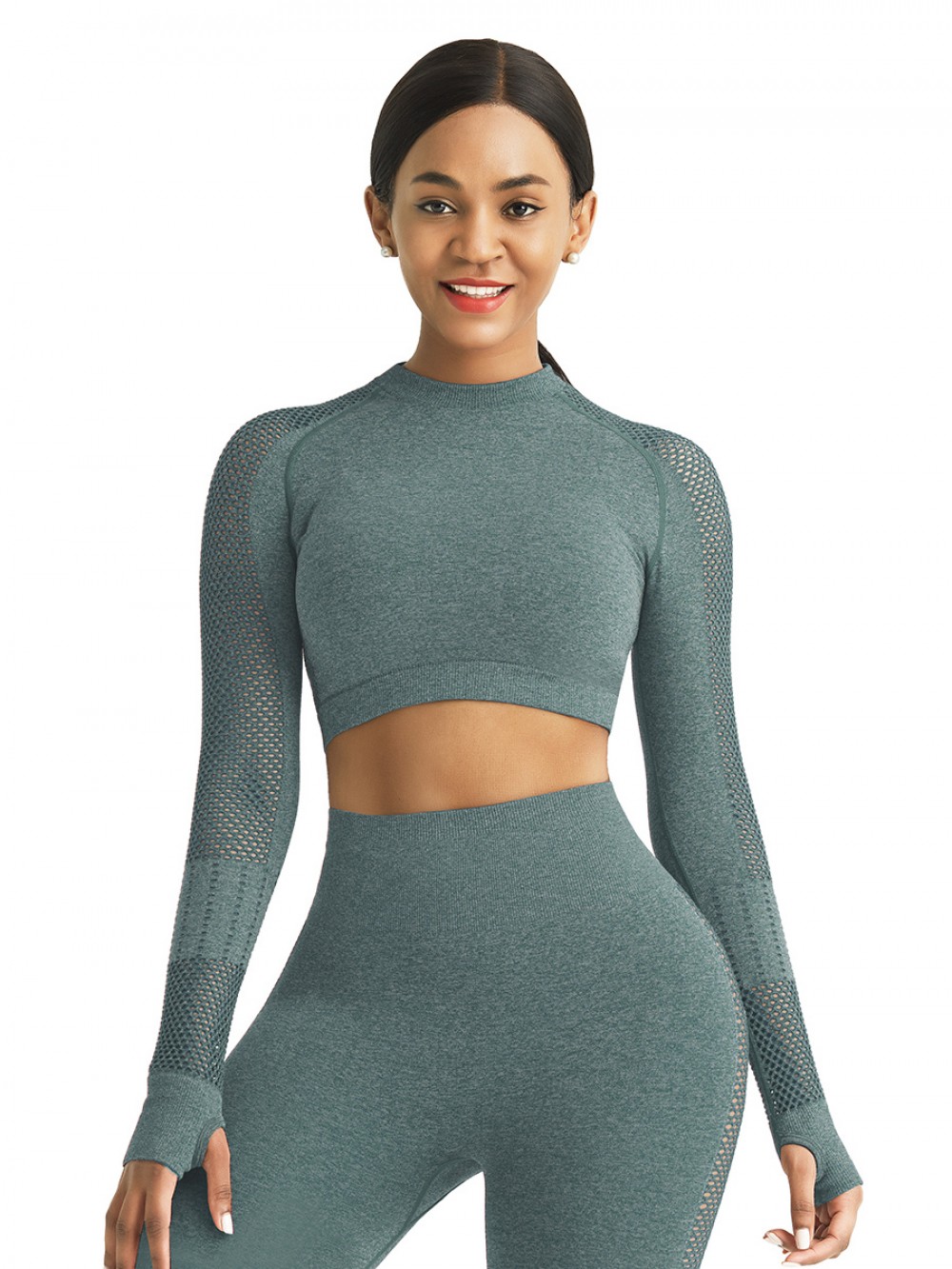 Alluring Light Green Solid Color Hollow Out Thumb Hole Sport Top Leisure