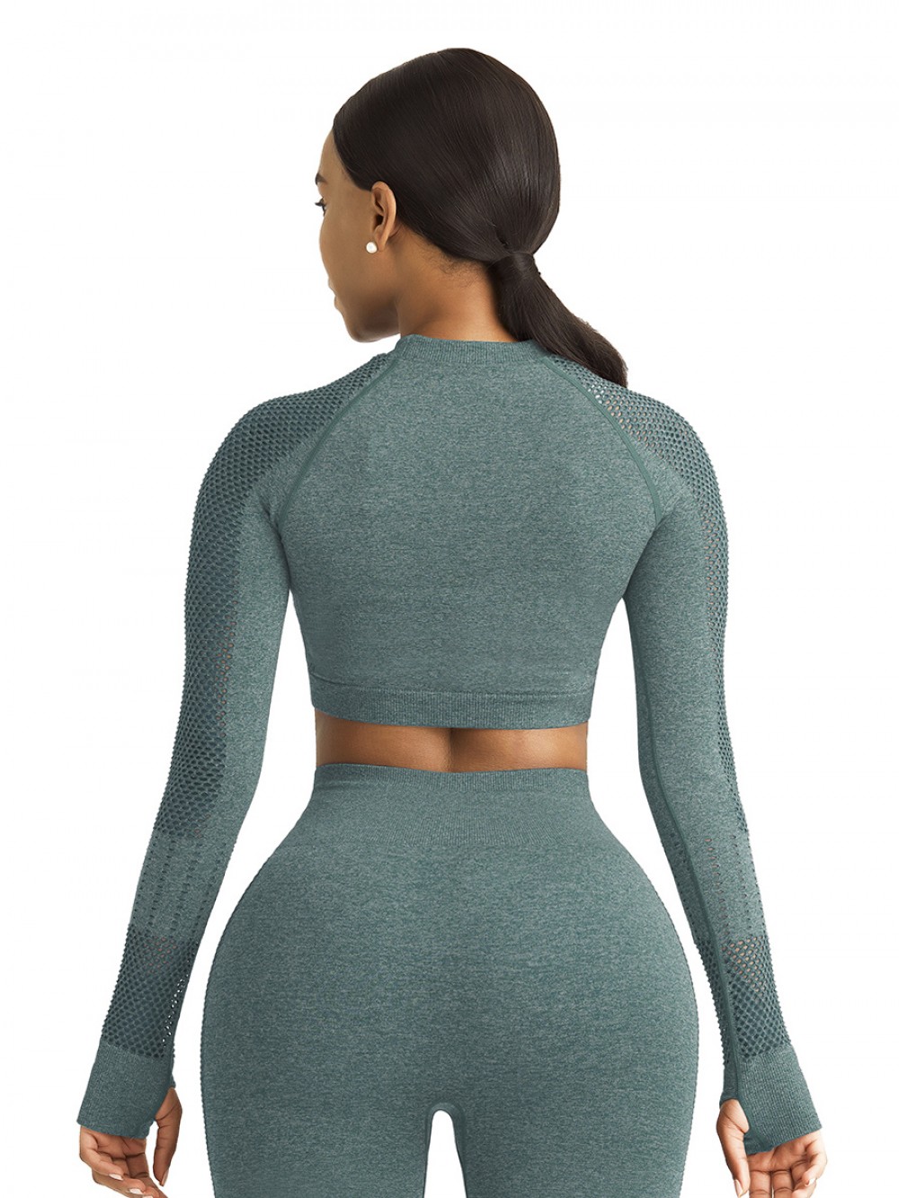 Alluring Light Green Solid Color Hollow Out Thumb Hole Sport Top Leisure