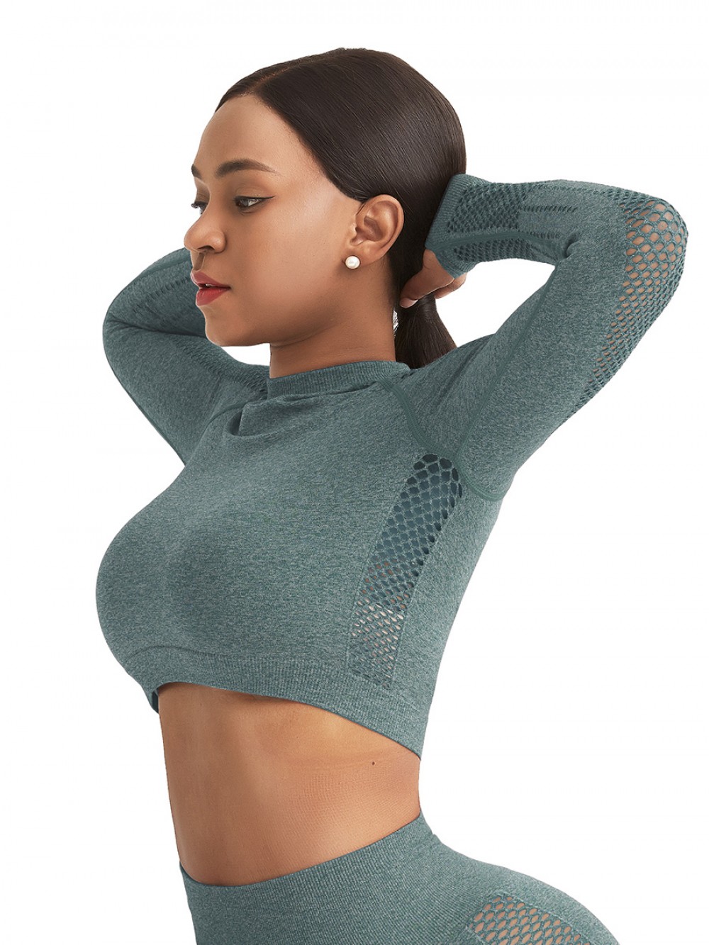 Alluring Light Green Solid Color Hollow Out Thumb Hole Sport Top Leisure