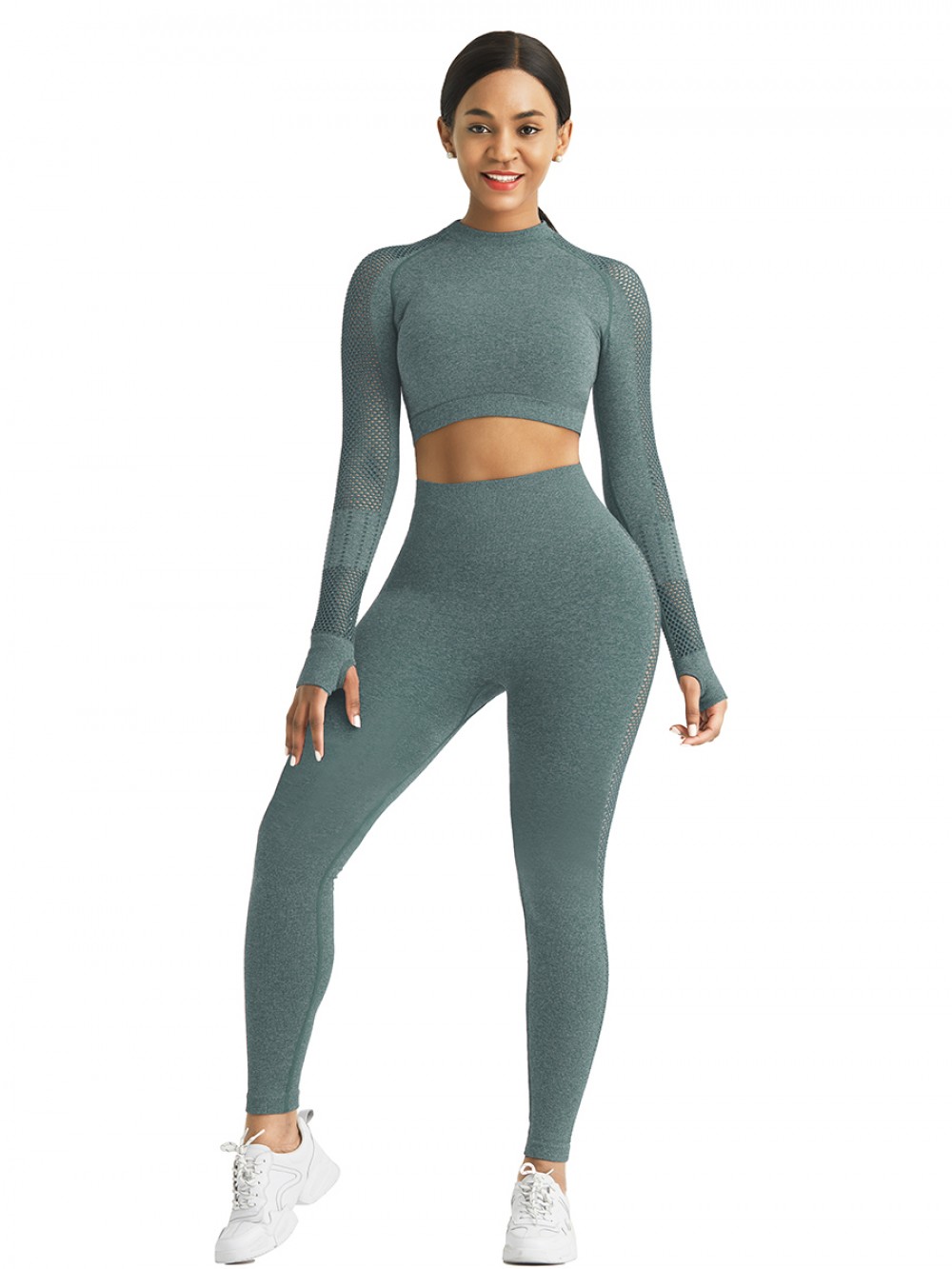 Alluring Light Green Solid Color Hollow Out Thumb Hole Sport Top Leisure