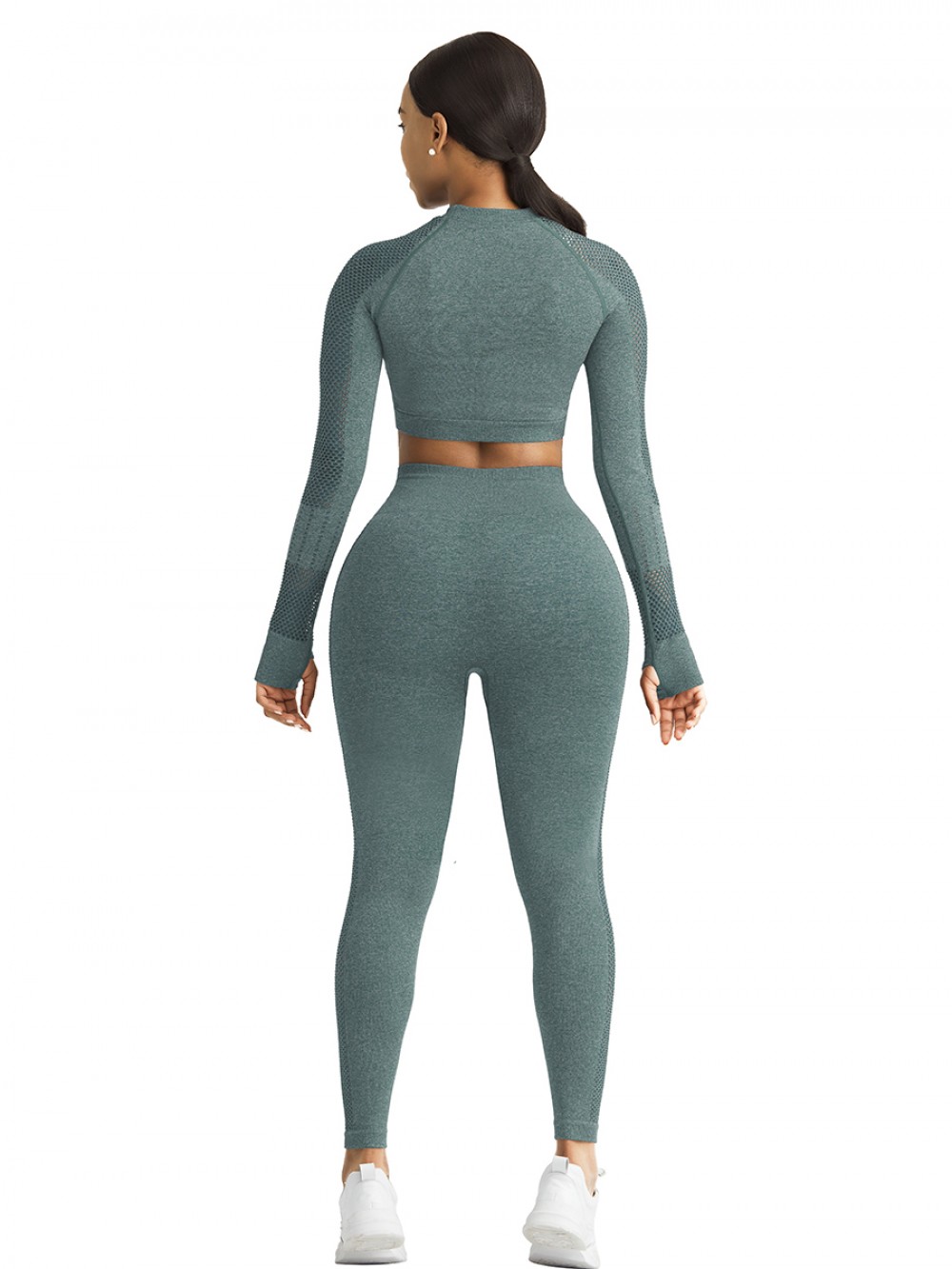 Alluring Light Green Solid Color Hollow Out Thumb Hole Sport Top Leisure