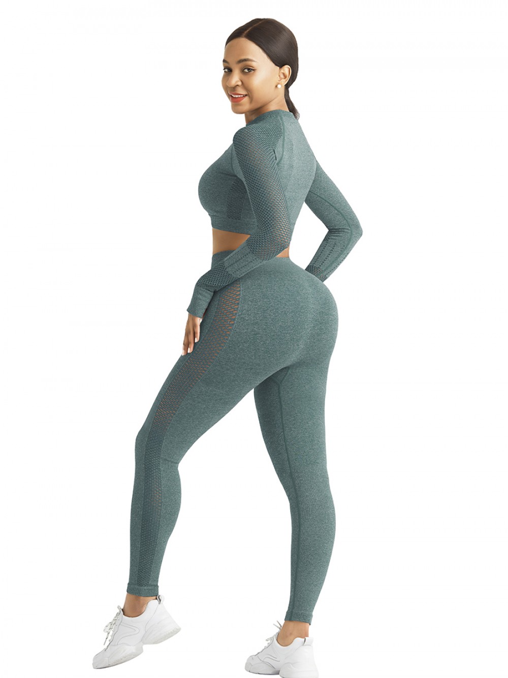 Alluring Light Green Solid Color Hollow Out Thumb Hole Sport Top Leisure