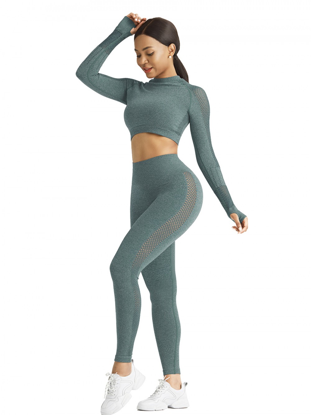 Alluring Light Green Solid Color Hollow Out Thumb Hole Sport Top Leisure