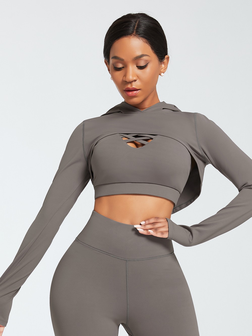 Gray Short Front Sports Top Long Sleeve Elastic Material