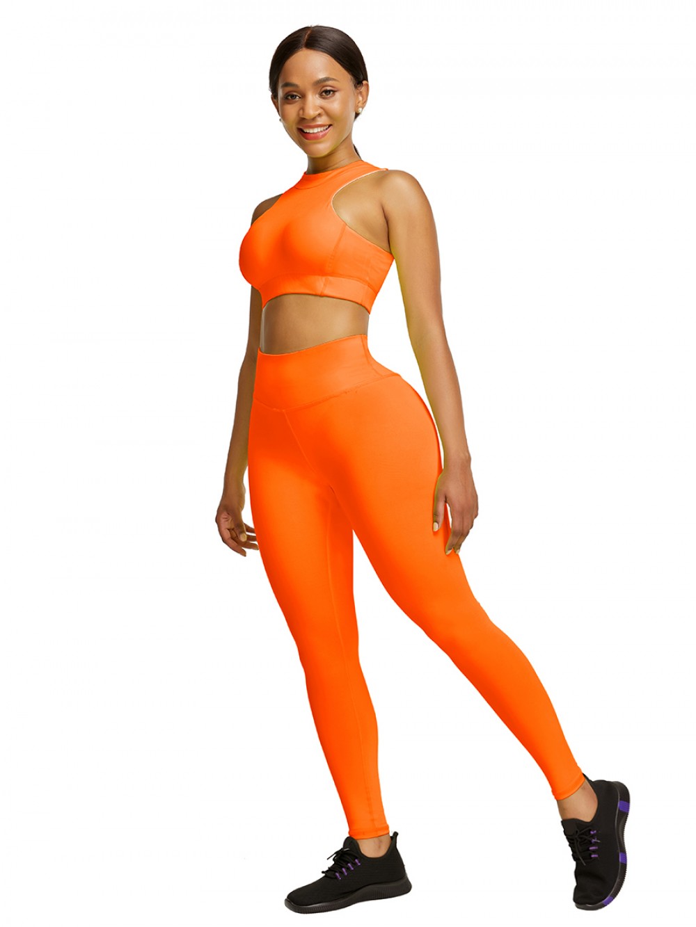 Orange Cropped Sleeveless Back Zipper Ladies Gym Sets Good Elasticity