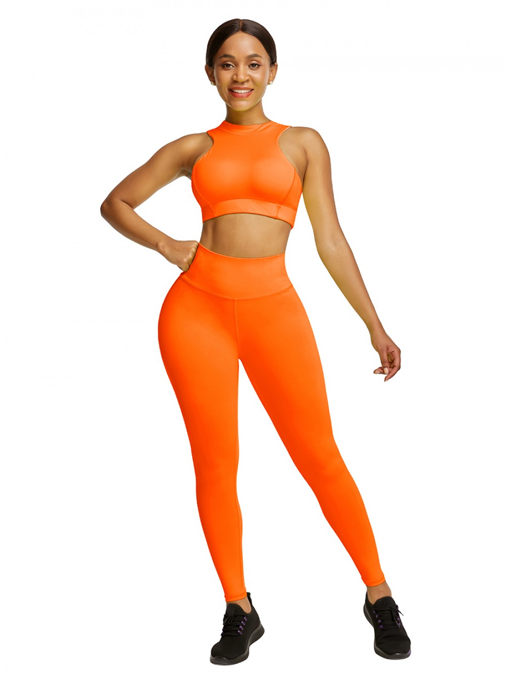 Orange Cropped Sleeveless Back Zipper Ladies Gym Sets Good Elasticity