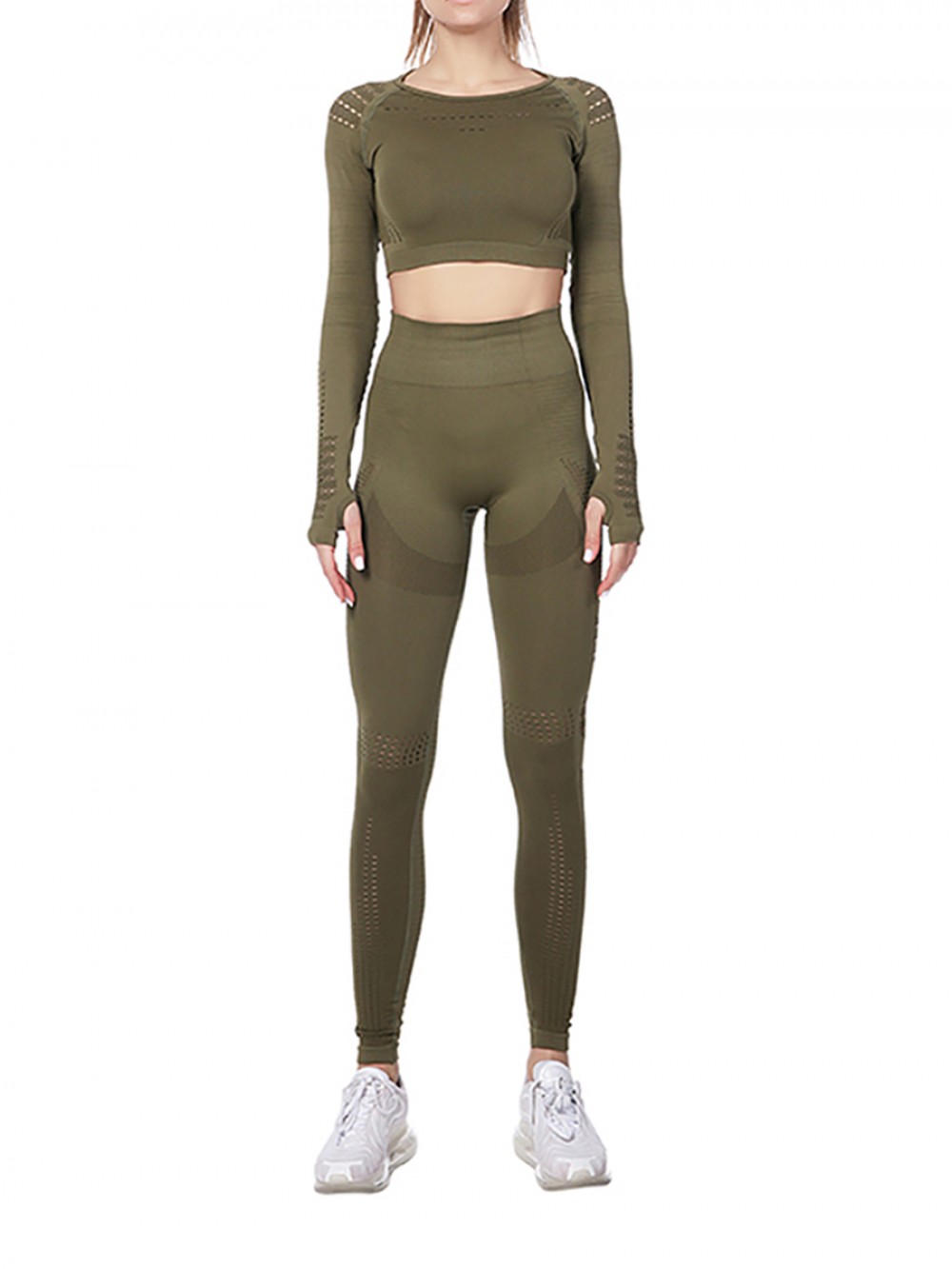 Modern Army Green Hollow Out Sports Suits Full Length Ladies