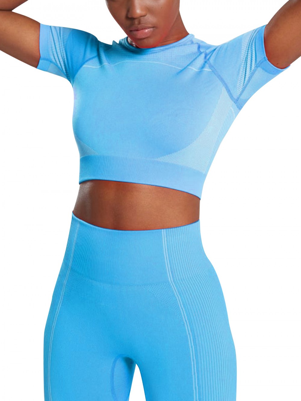 Sexy Ladies Blue Short-Sleeve Seamless Crop Sport Suit Stretchy
