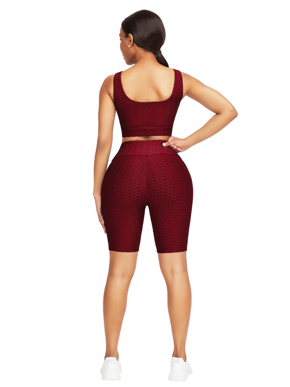 Wine Red Scoop Neck Crop Jacquard Two Piece Gym Sets Moisture Wicking