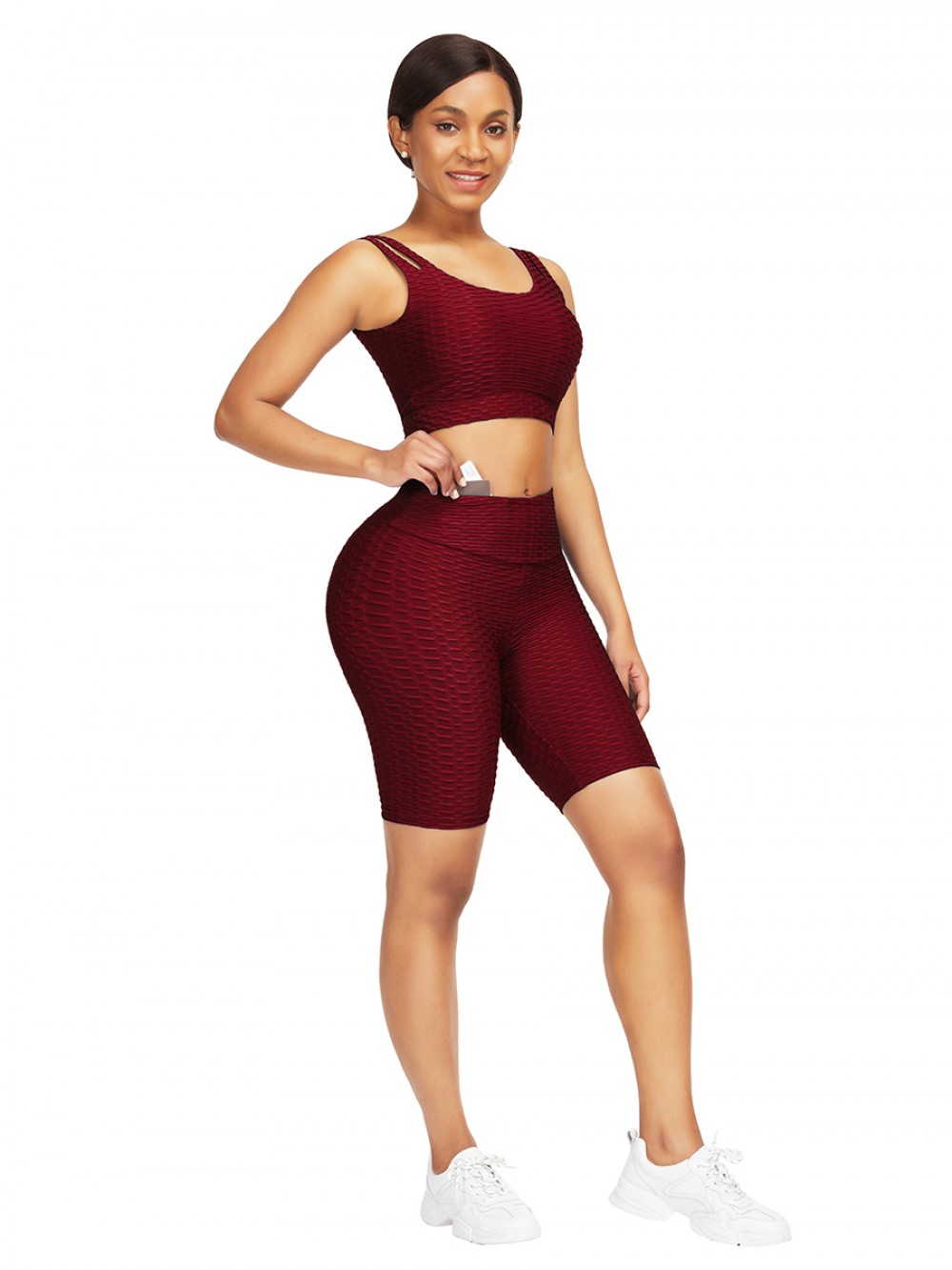 Wine Red Scoop Neck Crop Jacquard Two Piece Gym Sets Moisture Wicking