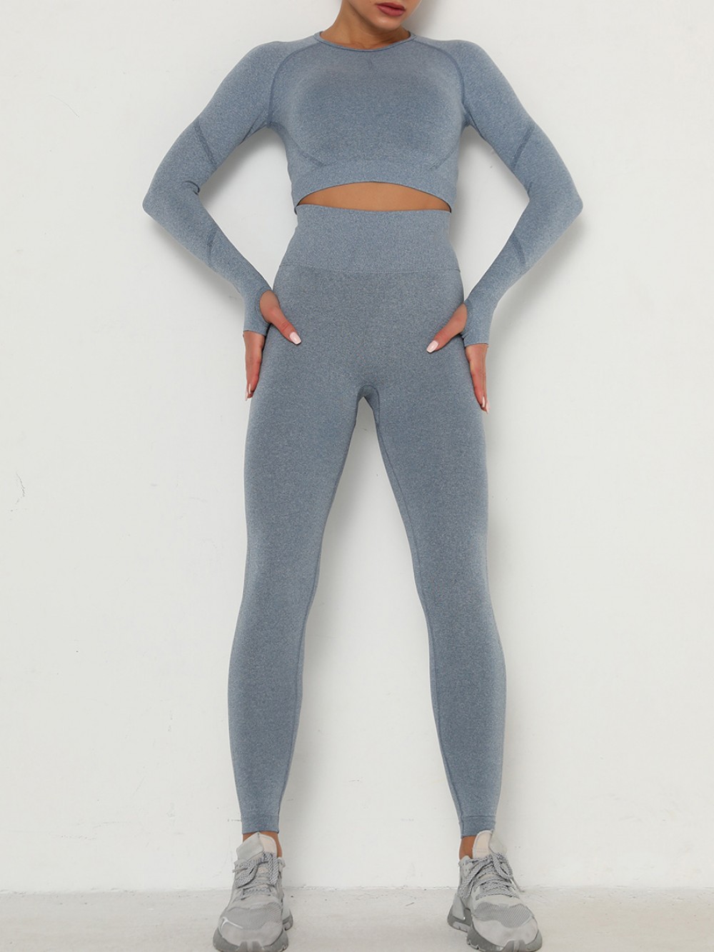 Anti Slip Blue Long Sleeve Top High Waist Leggings For Exercise