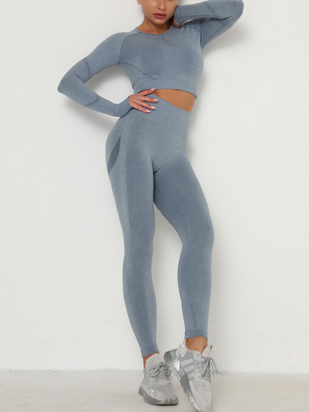 Anti Slip Blue Long Sleeve Top High Waist Leggings For Exercise