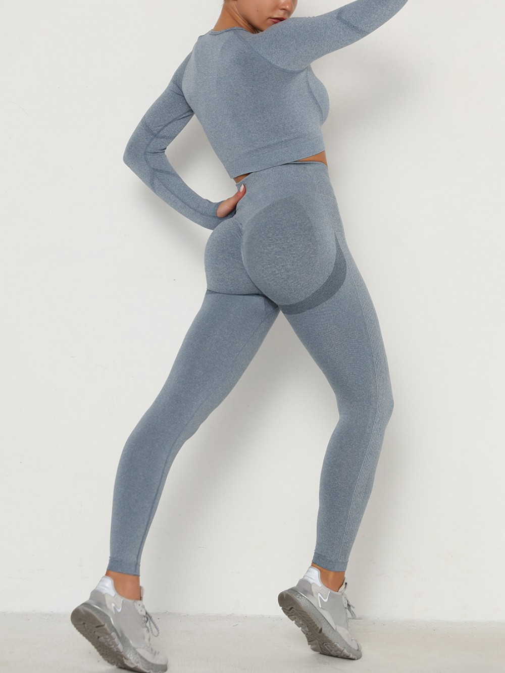 Anti Slip Blue Long Sleeve Top High Waist Leggings For Exercise