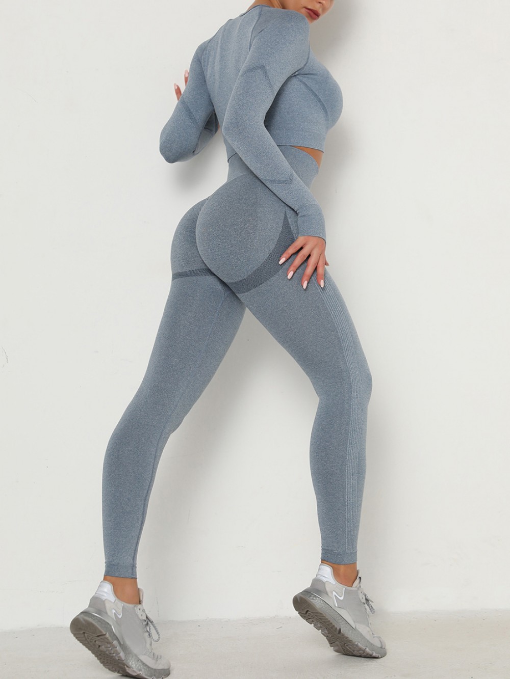 Anti Slip Blue Long Sleeve Top High Waist Leggings For Exercise