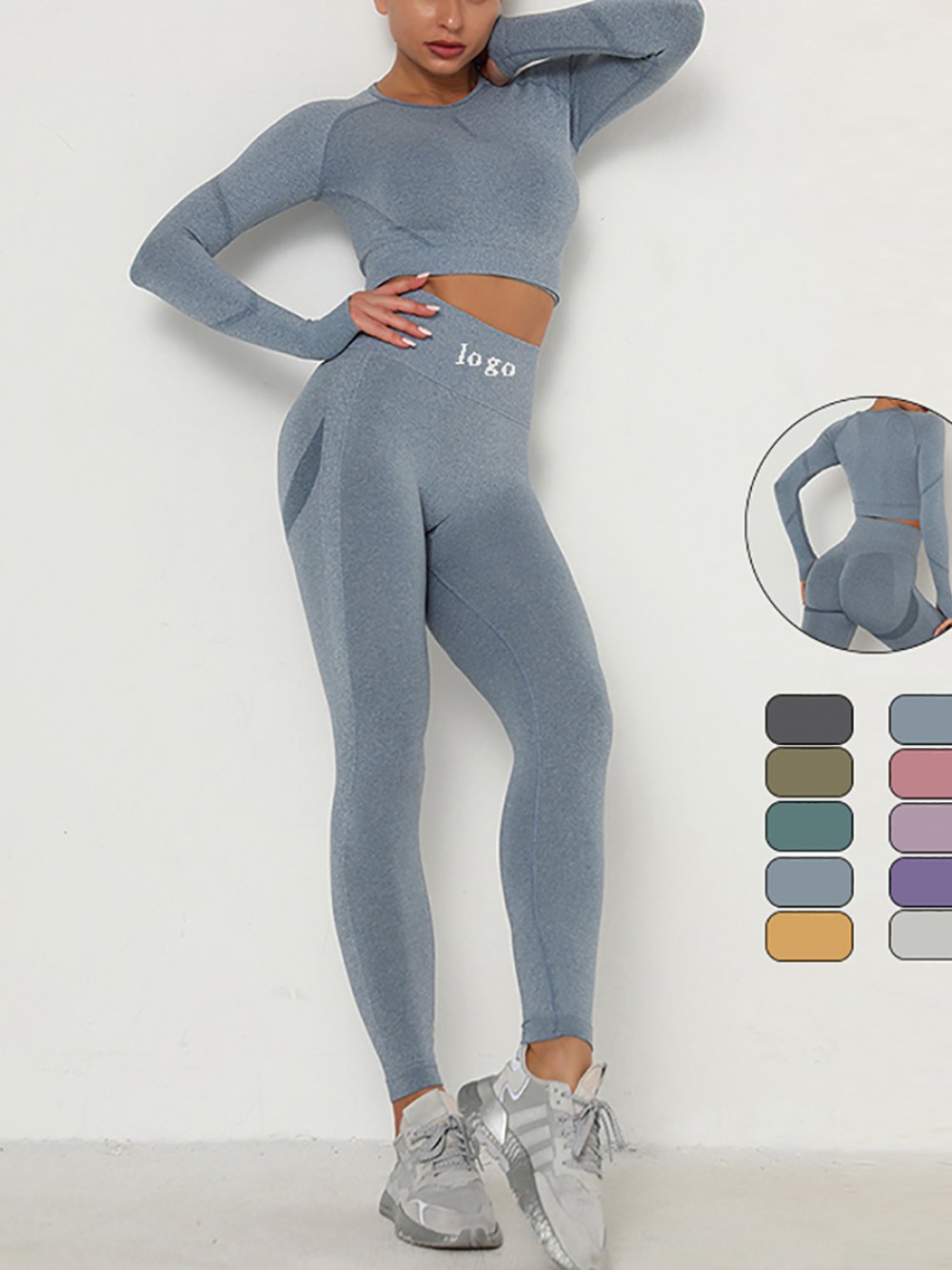 Anti Slip Blue Long Sleeve Top High Waist Leggings For Exercise