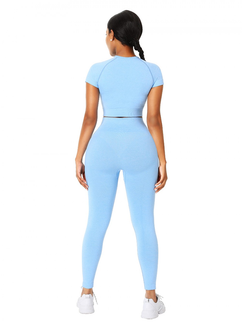 Feisty Sky Blue Yoga Suit Crop Seamless Round Collar Streetstyle