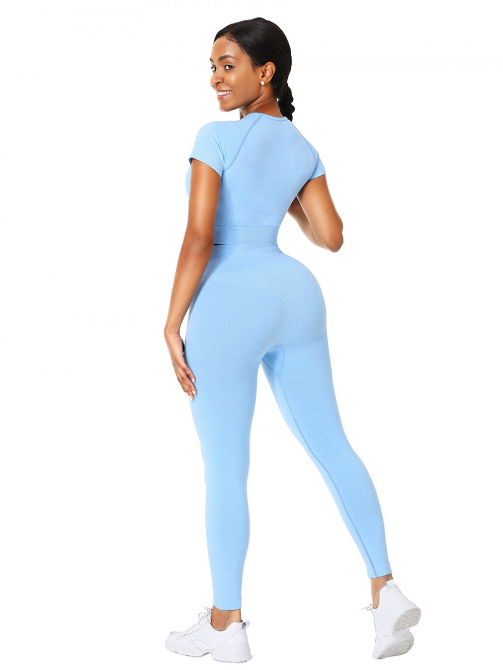 Feisty Sky Blue Yoga Suit Crop Seamless Round Collar Streetstyle