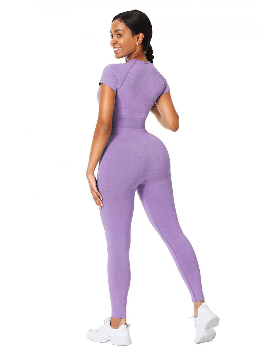 Appealing Purple Crop Short Sleeves Sport Suit Seamless For Fitness