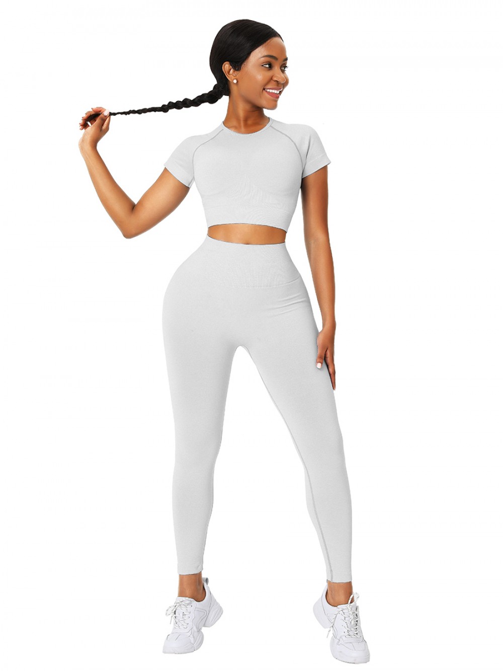 Creamy-White Ankle Length Yoga Legging Seamless Top Running Clothes