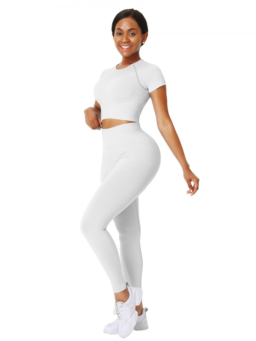 Creamy-White Ankle Length Yoga Legging Seamless Top Running Clothes