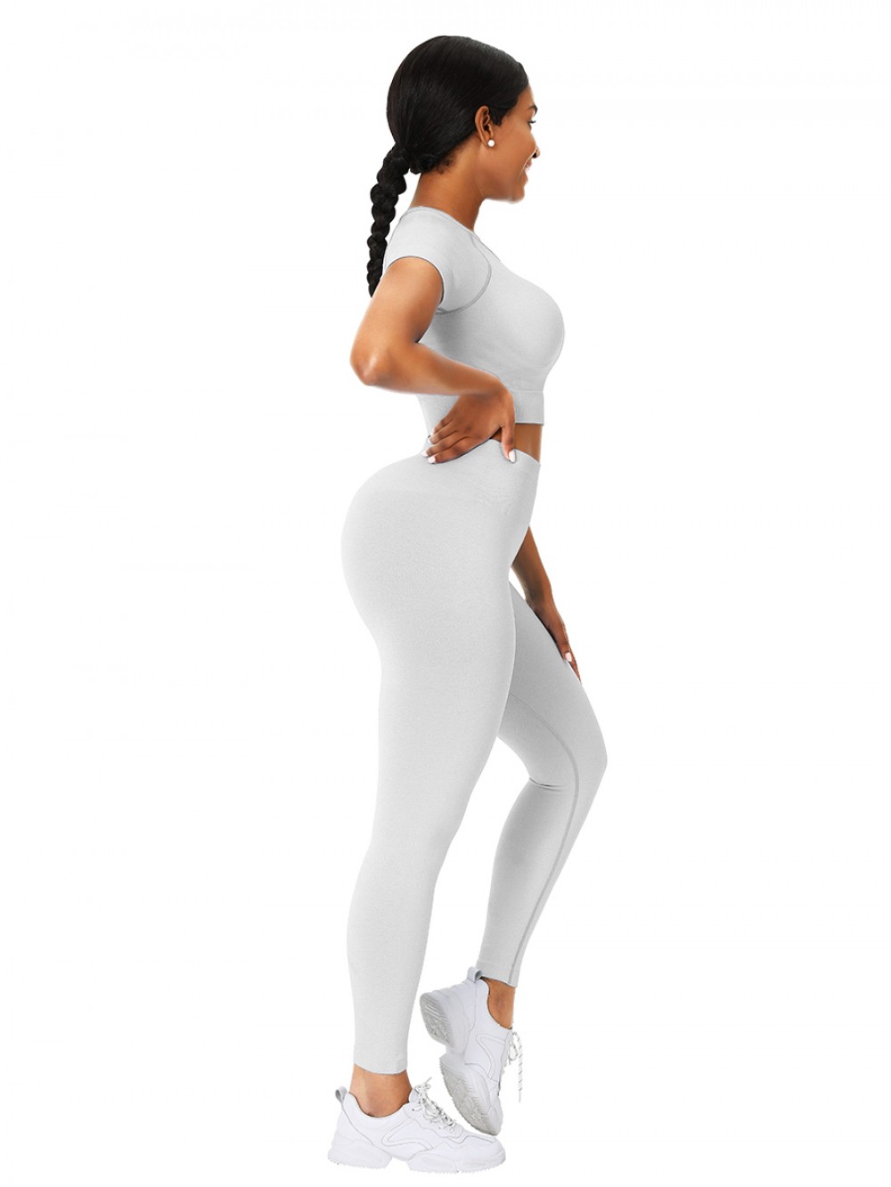 Creamy-White Ankle Length Yoga Legging Seamless Top Running Clothes