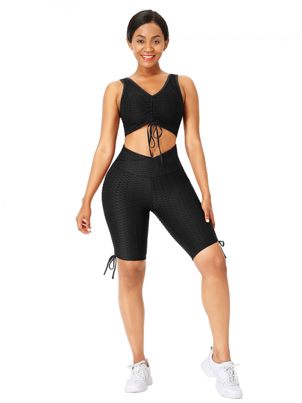 Black Drawstring Athletic Suit High Waist Form Fitting