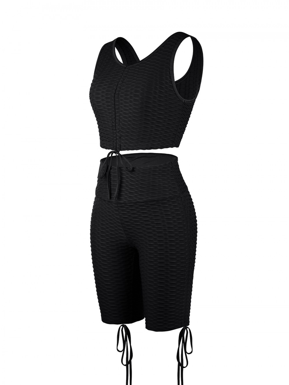Black Drawstring Athletic Suit High Waist Form Fitting