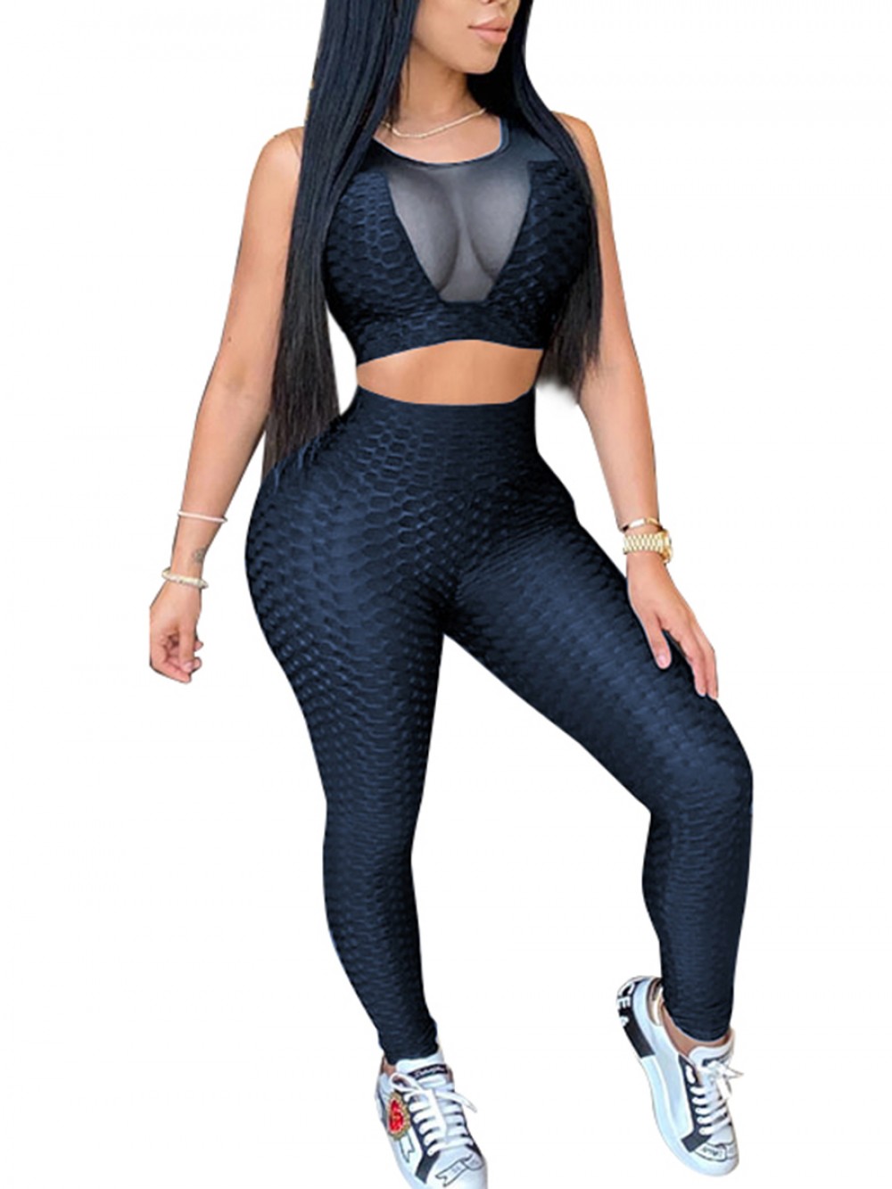 Dark Blue Sports Suit Solid Color Sleeveless Stretchy Fabric