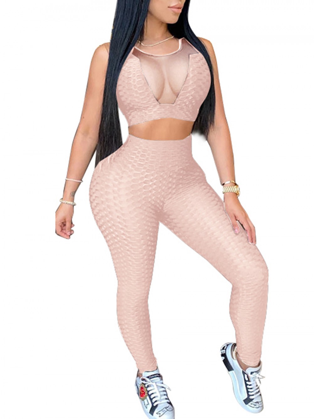 Pink Plus Size Sheer Mesh Sweat Suit Fashion Style
