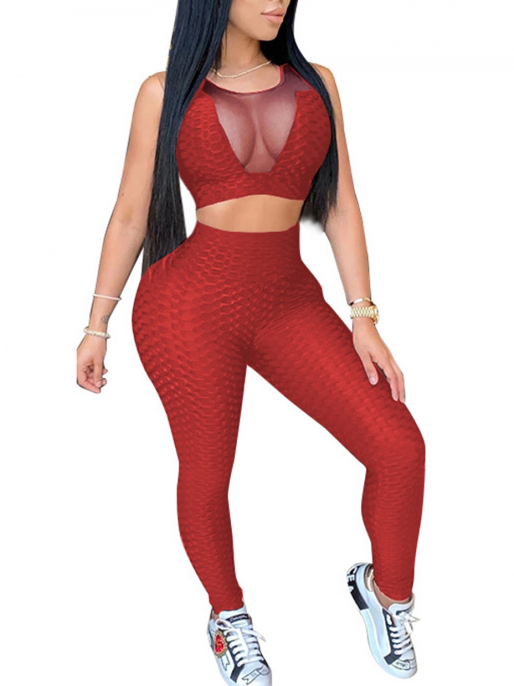 Red Sweat Suit Sleeveless Mesh Full Length Elasticity