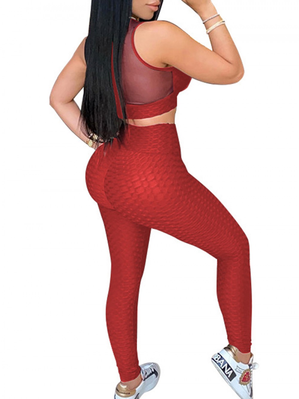 Red Sweat Suit Sleeveless Mesh Full Length Elasticity
