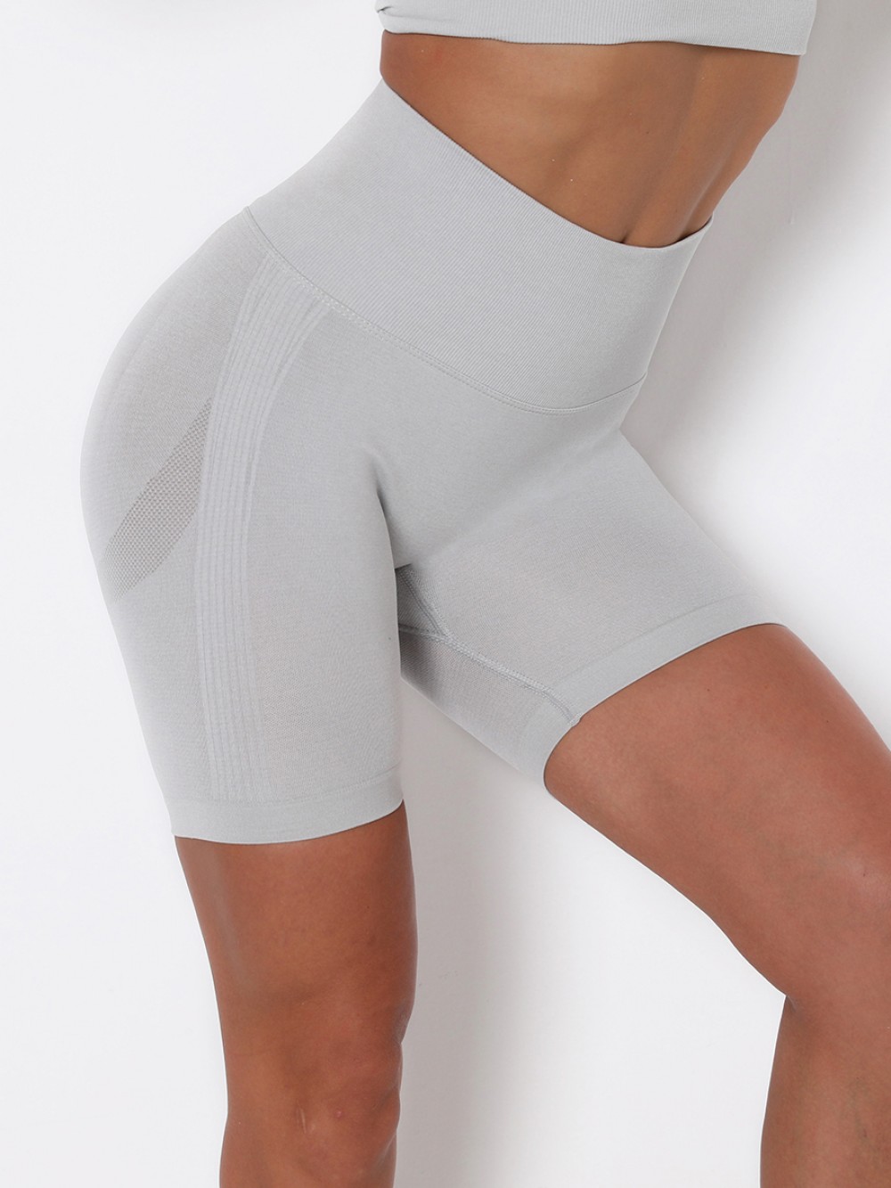 Light Gray Thigh Length Solid Color Running Shorts Ladies Activewear