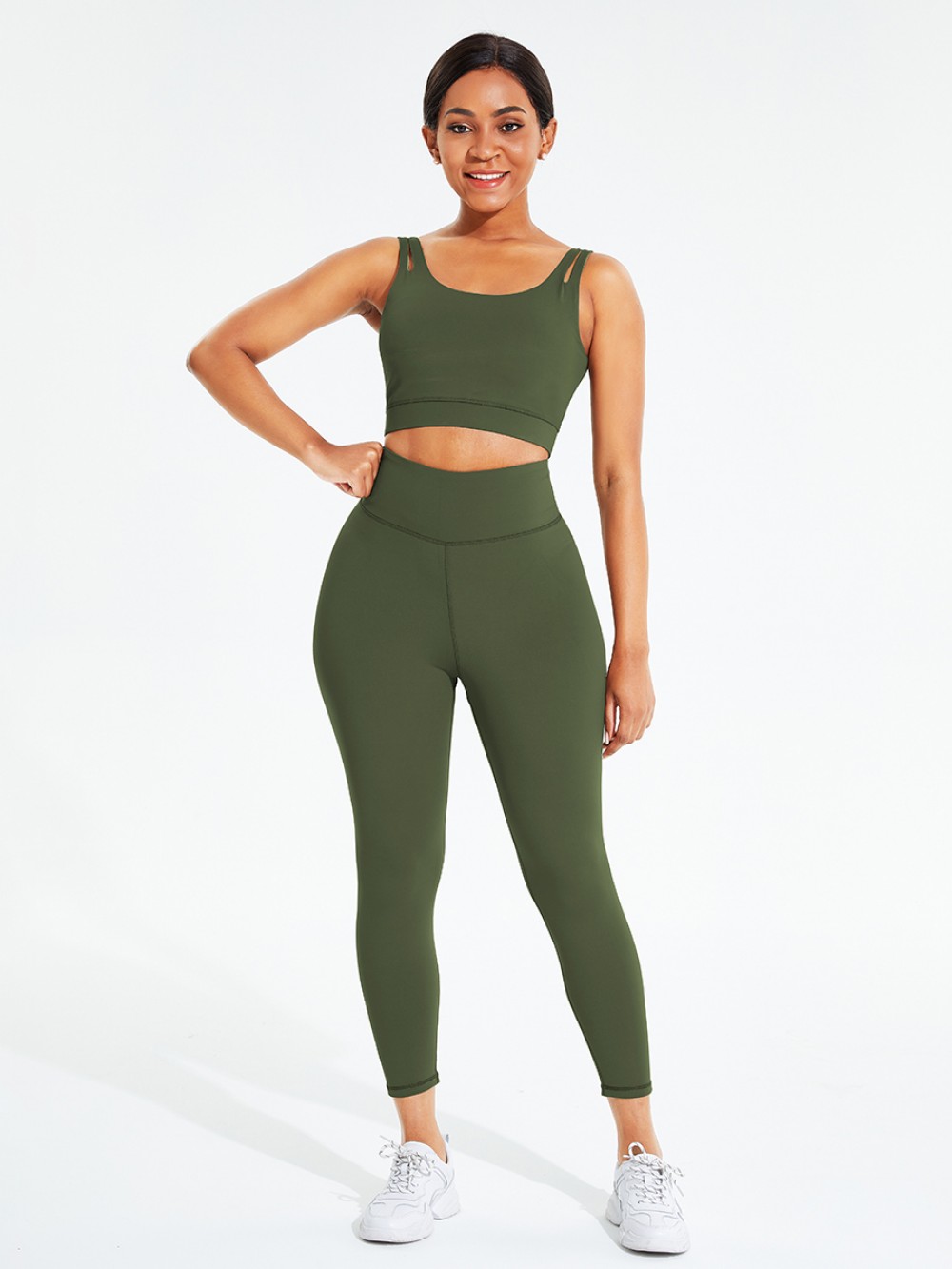Army Green Hollow Out Full Length Pocket Athletic Suit For Training