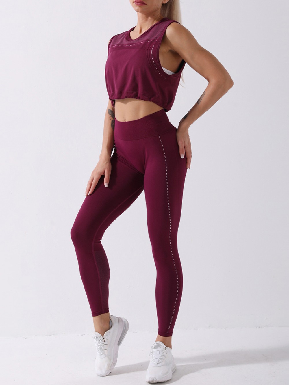 Purple Round Collar High Waist Athletic Suit For Running