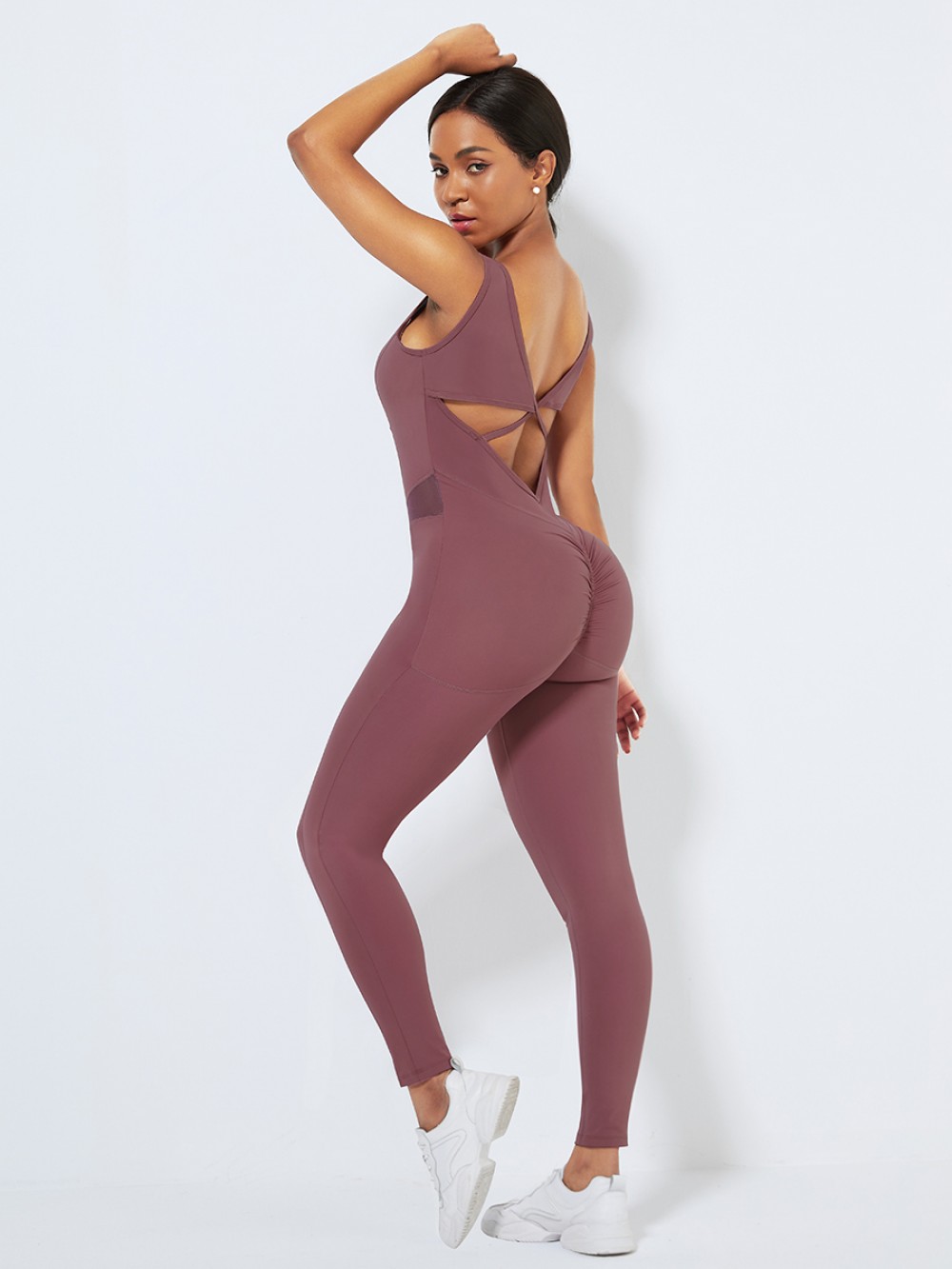 Purplish Red Hollow Out Hip Wrinkle Yoga Jumpsuit Nice Quality