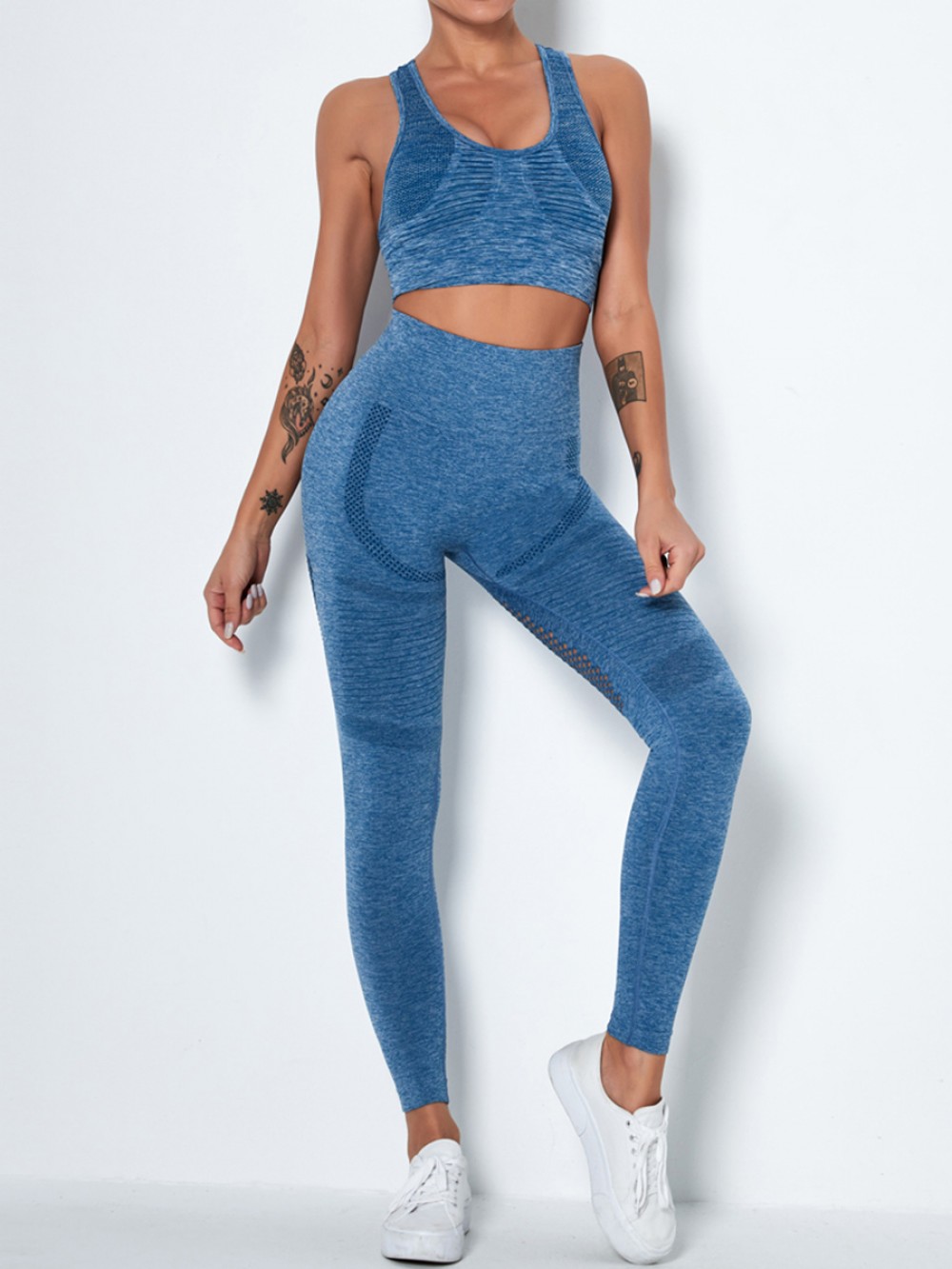 Royal Blue Removable Pads High Waist Mesh Yoga Suit Slim