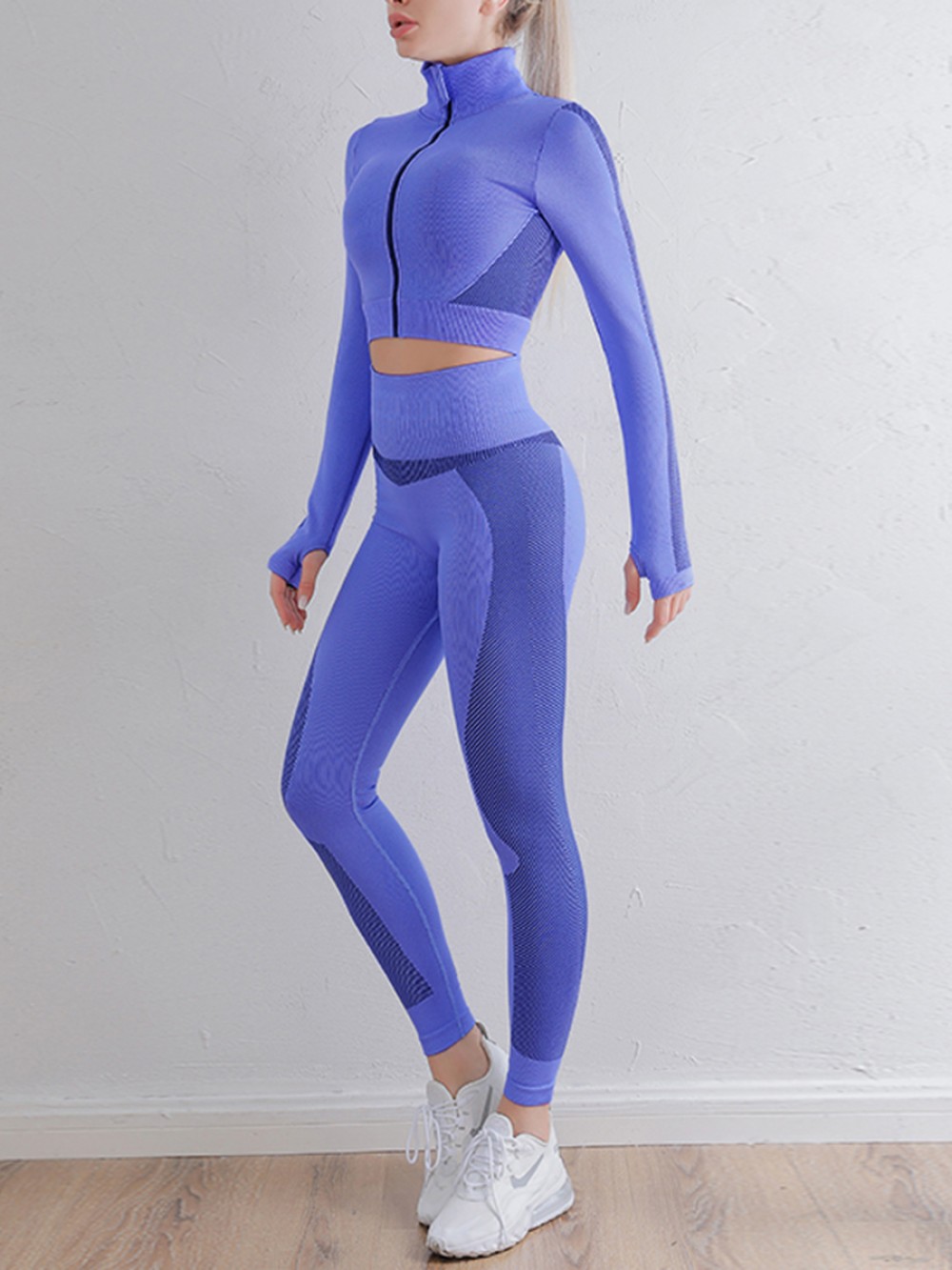 Blue Yoga Suit Zipper Thumbhole Full Length All Over Smooth