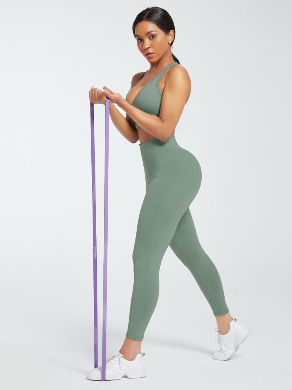 Green Deep-V Ankle Length Gym Leggings And Top Set Fitness