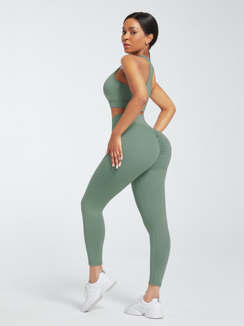 Green Deep-V Ankle Length Gym Leggings And Top Set Fitness