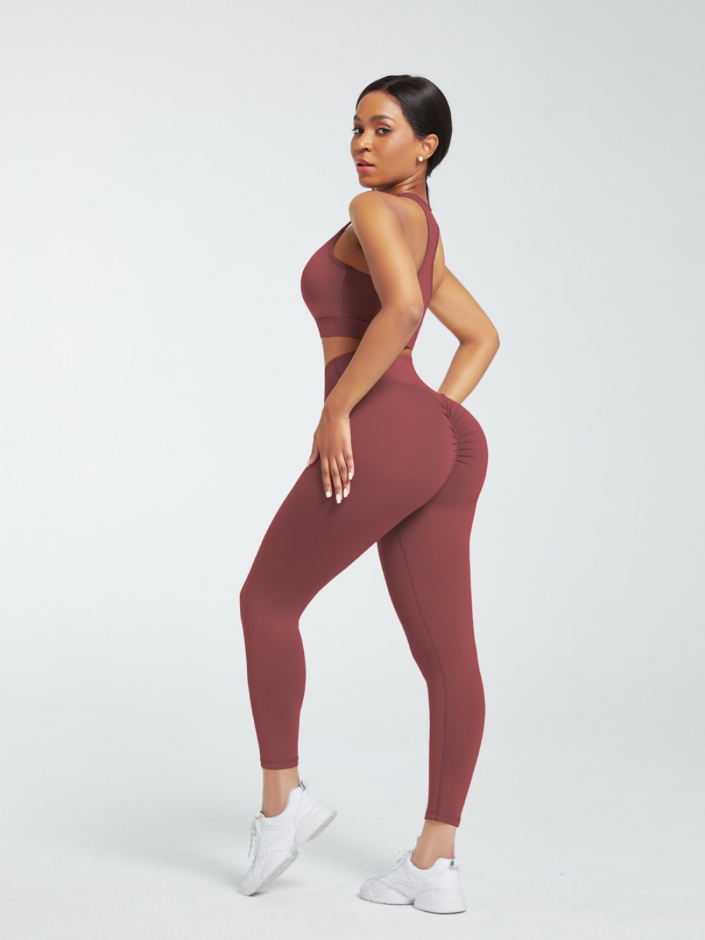 Jujube Red Running Suit Solid Color High Rise For Workout