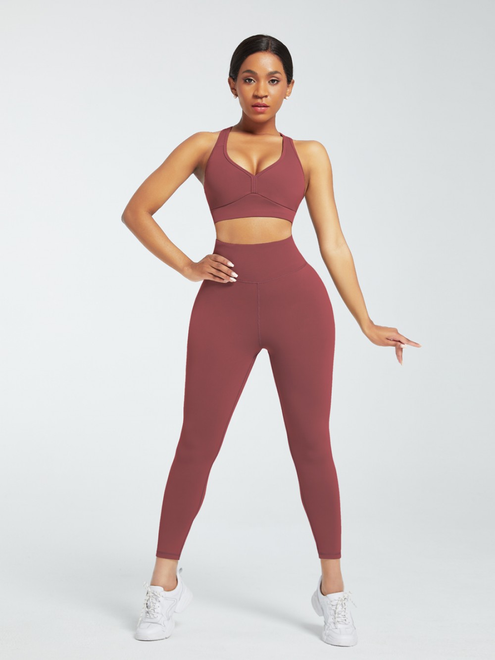 Jujube Red Running Suit Solid Color High Rise For Workout