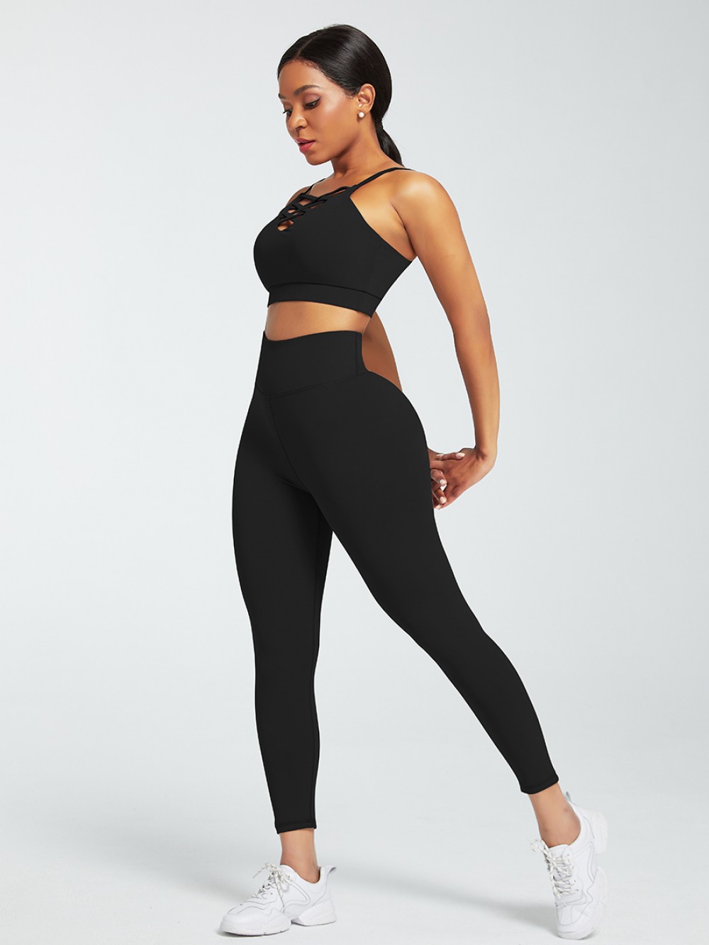 Black Adjustable Straps High Waist Athletic Suit For Running Girl