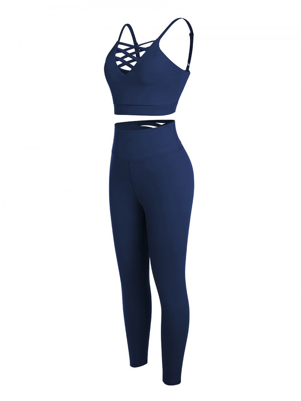 Navy Blue Lace-Up Pleated Gym Sets Full Length For Running