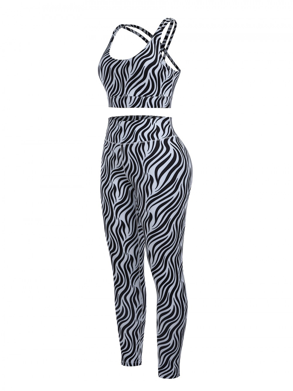 Black Zebra Print Yoga Outfit High Waist Strap Lightweight