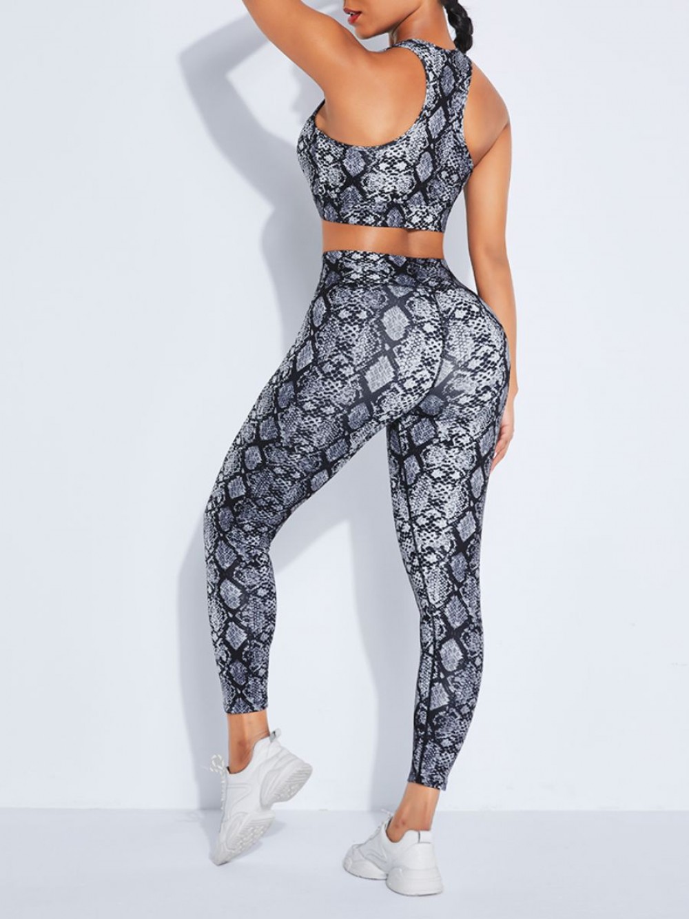 Gray Snake Pattern High Rise Racerback Suit For Workout