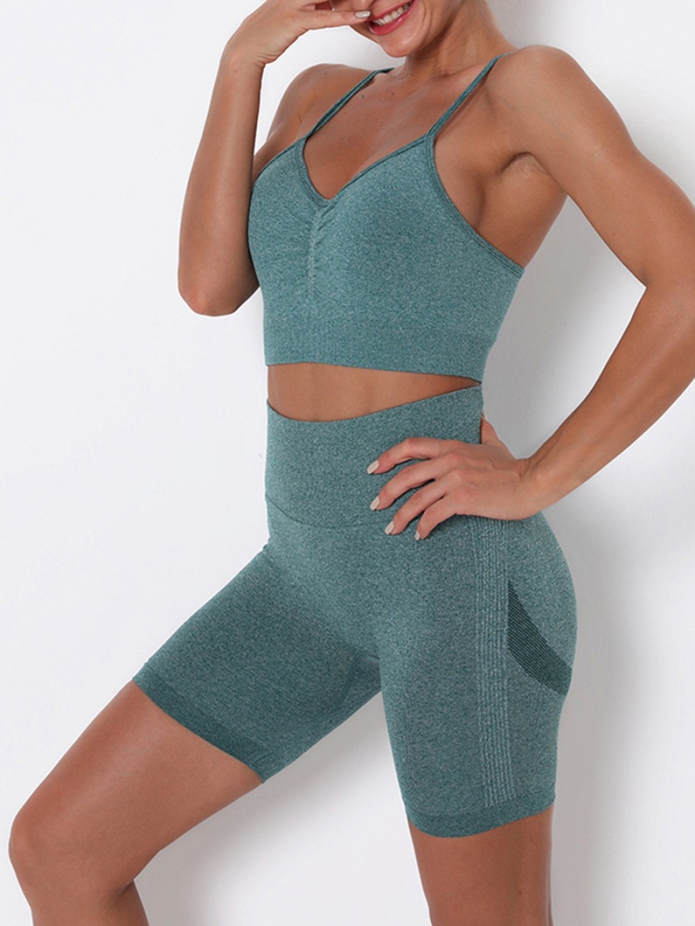 Green Running Suit Solid Color Seamless Strap Versatile Item