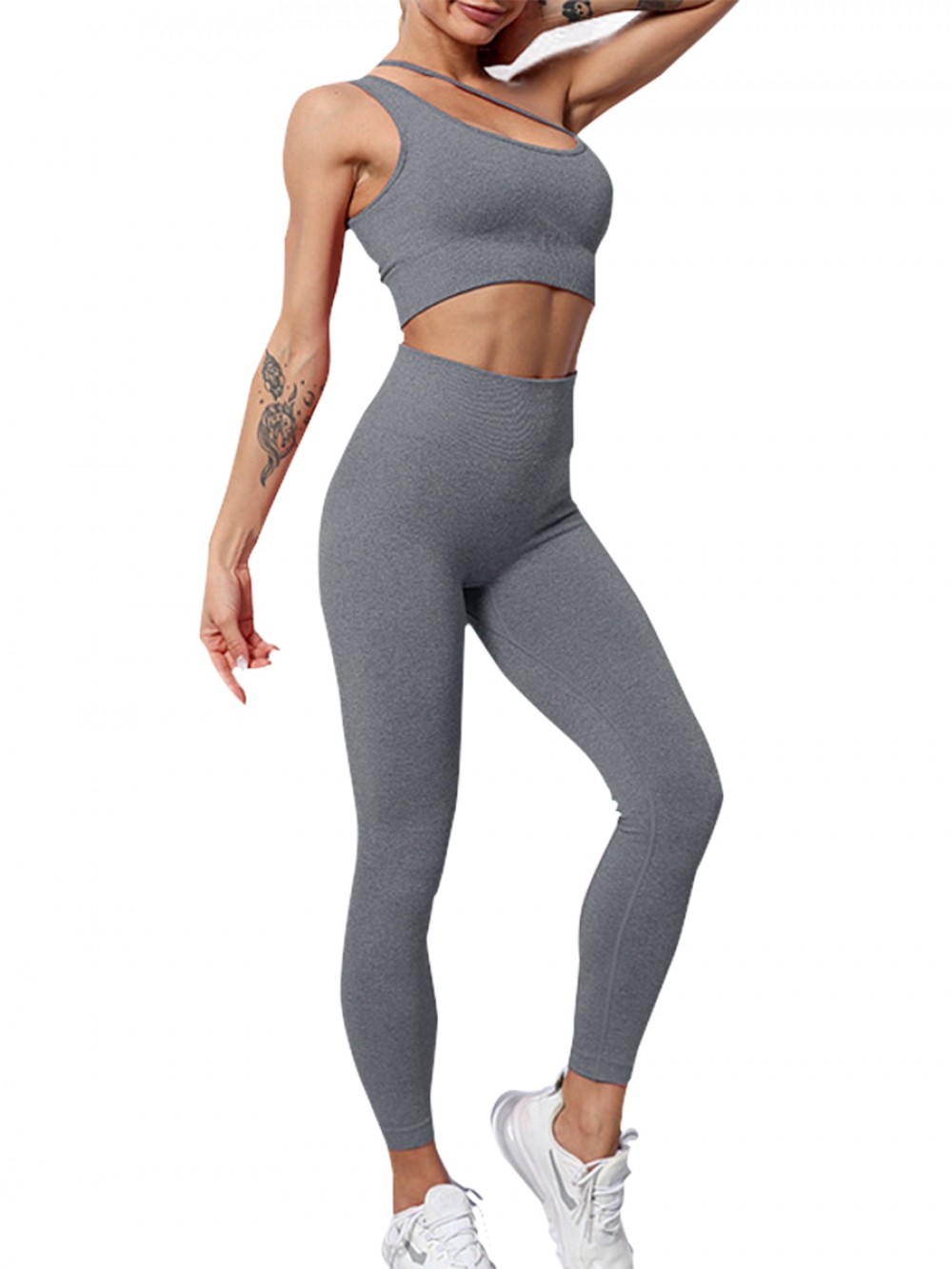 Gray Slanting Straps Yoga Bra Seamless Leggings Absorbs Moisture