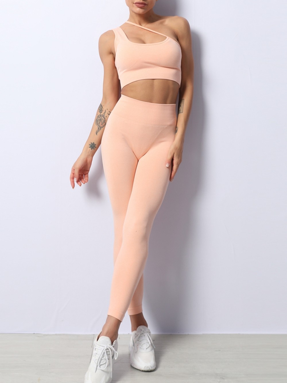 Pink Slanting Straps Seamless Yoga Workout Set Athletic Comfort